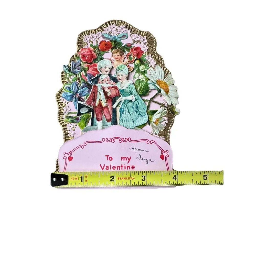 Victorian Antique Vintage Germany Diecut 3-D VALENTINES Card Cupid Couple Floral